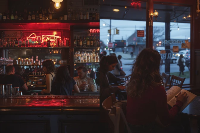 Immersion dans deux univers distincts : bar nocturne et café de jour, lieux incontournables de la convivialité