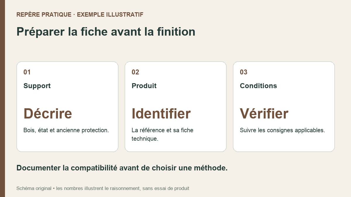 Préparer la fiche avant la finition. Support : Bois, état et ancienne protection. Produit : La référence et sa fiche technique. Conditions : Suivre les consignes applicables.